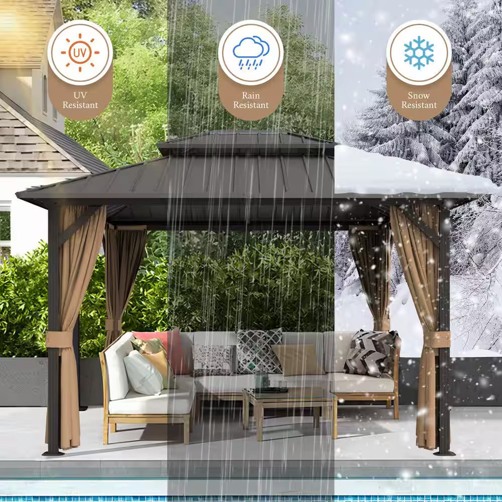 12 Ft. X 12 Ft. Double Galvanized Steel Roof Aluminum Frame Outdoor Patio Hardtop Gazebo with Netting and Curtains