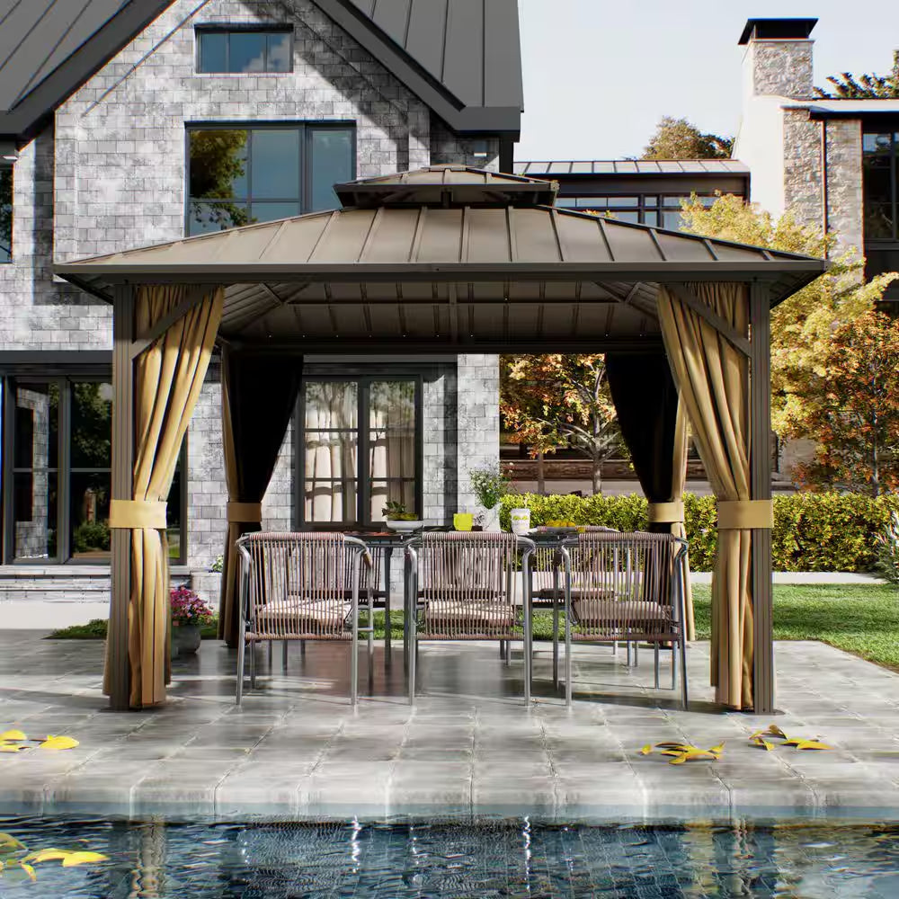 12 Ft. X 12 Ft. Double Galvanized Steel Roof Aluminum Frame Outdoor Patio Hardtop Gazebo with Netting and Curtains