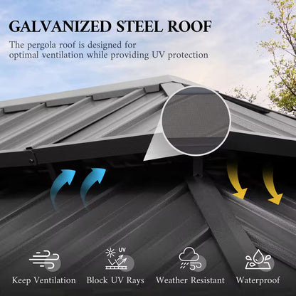 12 Ft. X 12 Ft. Double Galvanized Steel Roof Aluminum Frame Outdoor Patio Hardtop Gazebo with Netting and Curtains