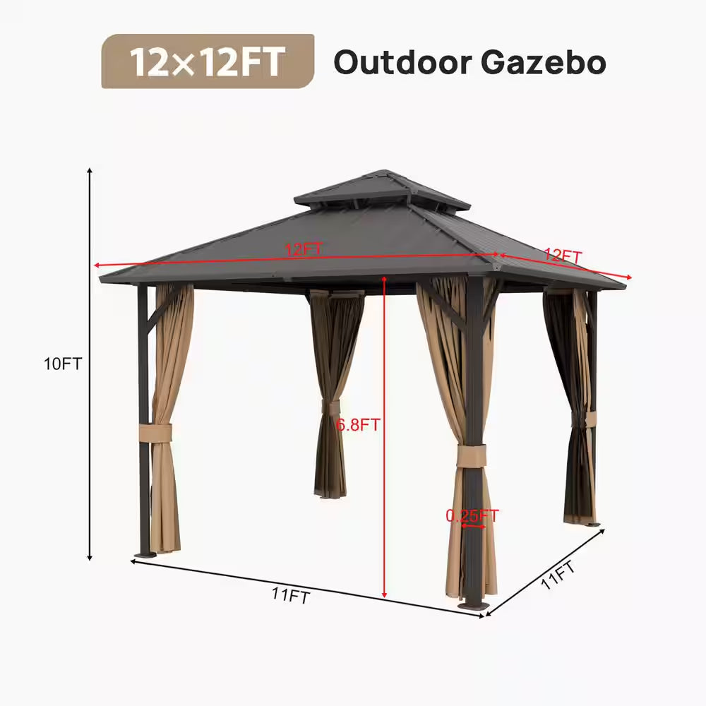 12 Ft. X 12 Ft. Double Galvanized Steel Roof Aluminum Frame Outdoor Patio Hardtop Gazebo with Netting and Curtains