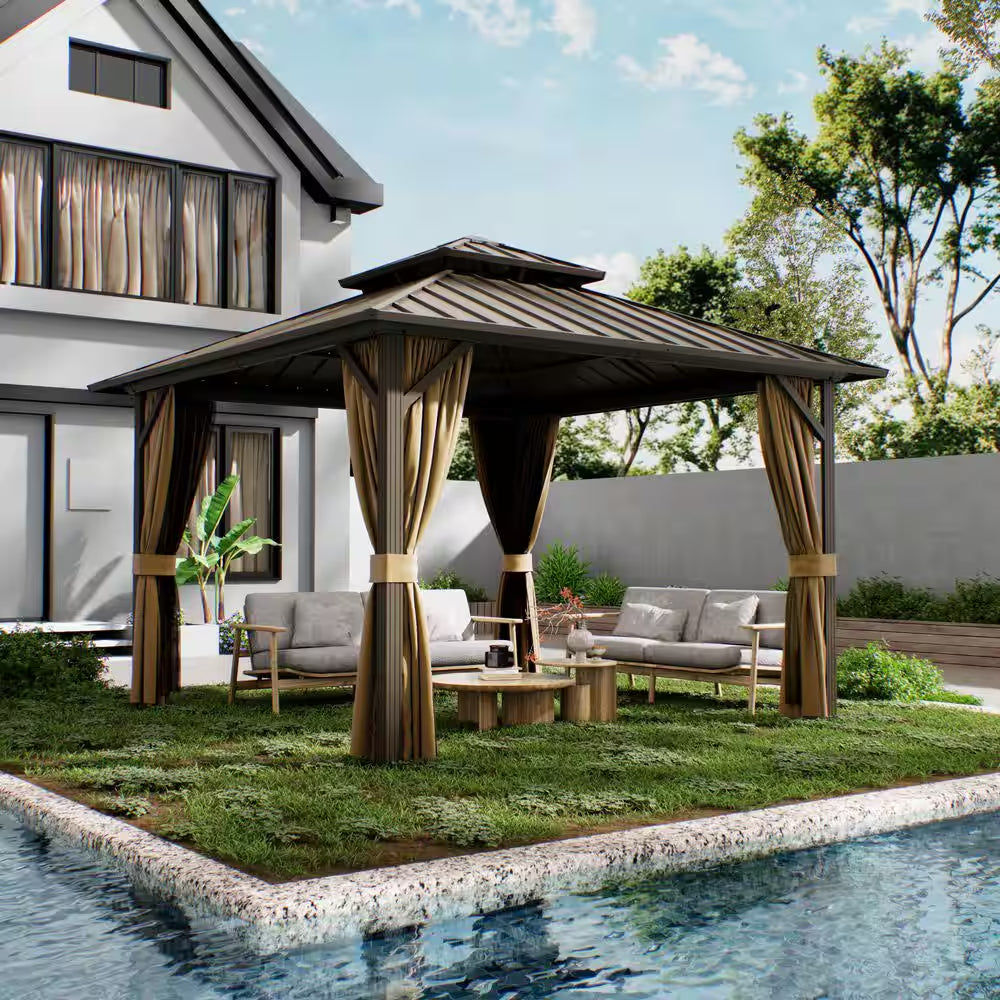 12 Ft. X 12 Ft. Double Galvanized Steel Roof Aluminum Frame Outdoor Patio Hardtop Gazebo with Netting and Curtains