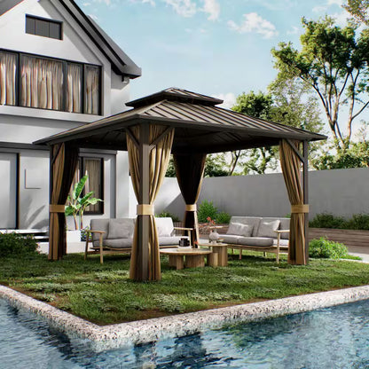 12 Ft. X 12 Ft. Double Galvanized Steel Roof Aluminum Frame Outdoor Patio Hardtop Gazebo with Netting and Curtains