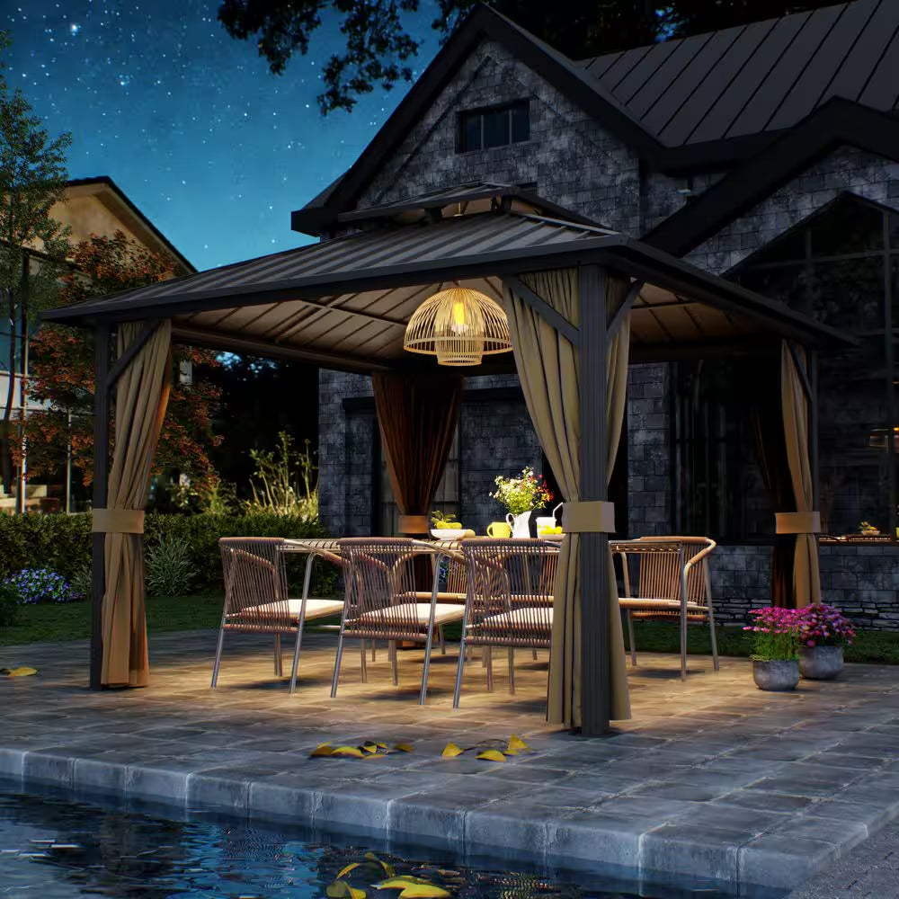 12 Ft. X 12 Ft. Double Galvanized Steel Roof Aluminum Frame Outdoor Patio Hardtop Gazebo with Netting and Curtains