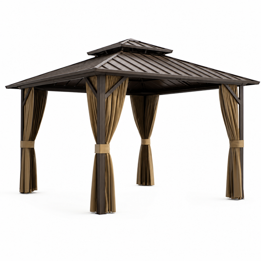 12 Ft. X 12 Ft. Double Galvanized Steel Roof Aluminum Frame Outdoor Patio Hardtop Gazebo with Netting and Curtains