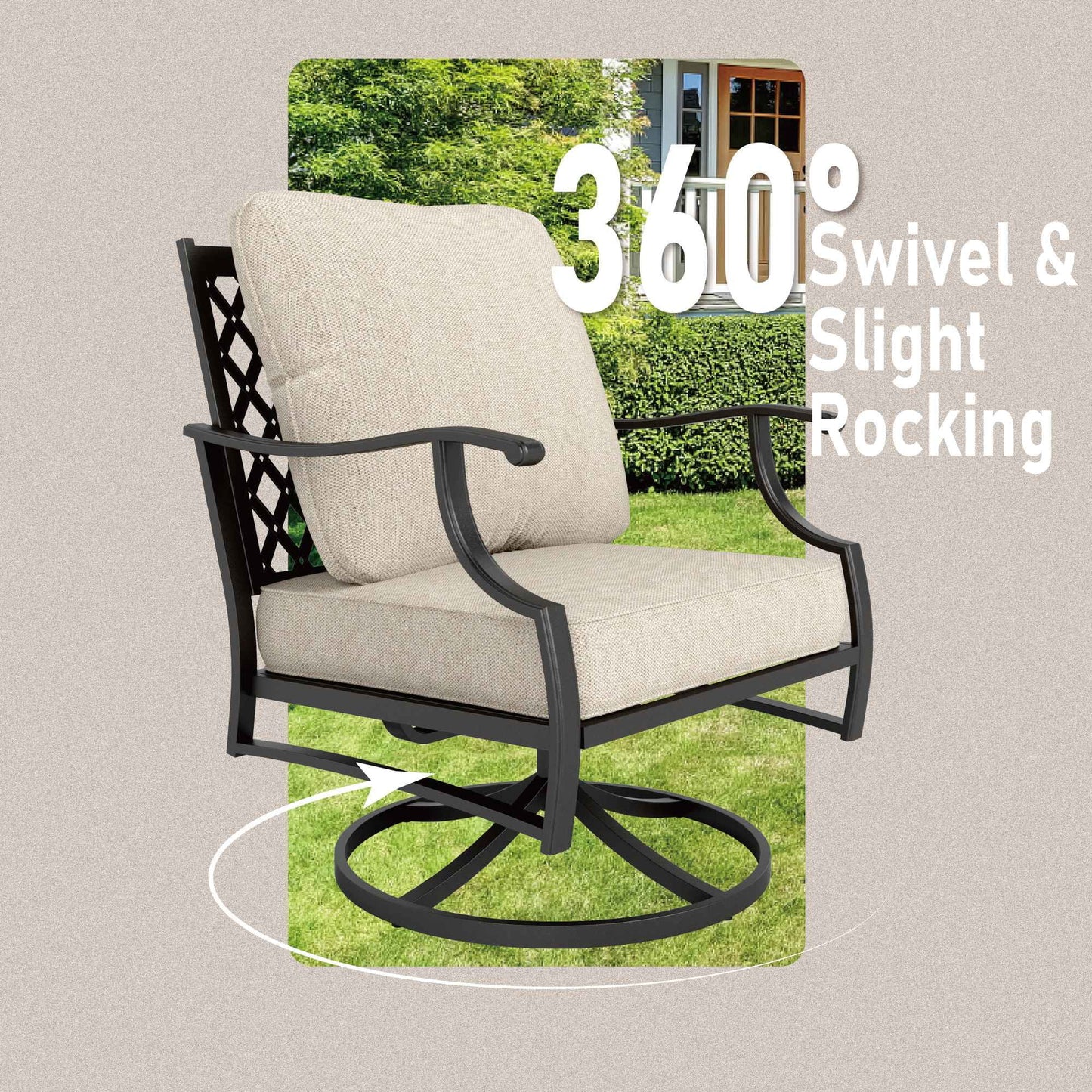 7-Seater Patio Conversation Set Metal Outdoor Furniture Set with Swivel Chairs and Ottomans - Beige